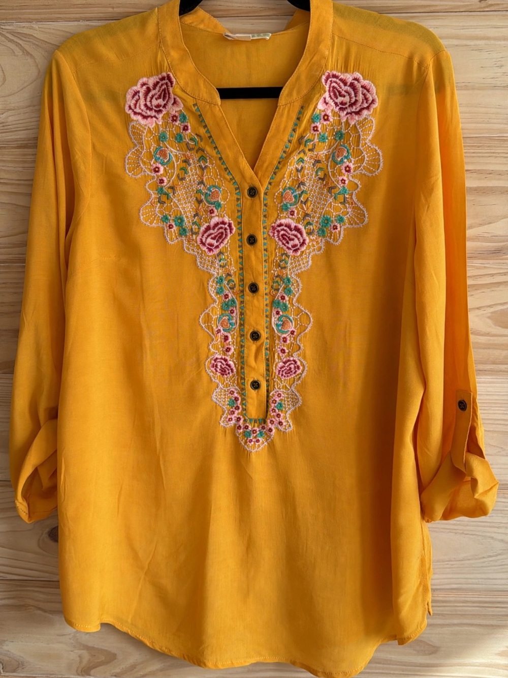 Nurture Women’s M Mustard Yellow Embroidered Floral Roll Tab Blouse Boho